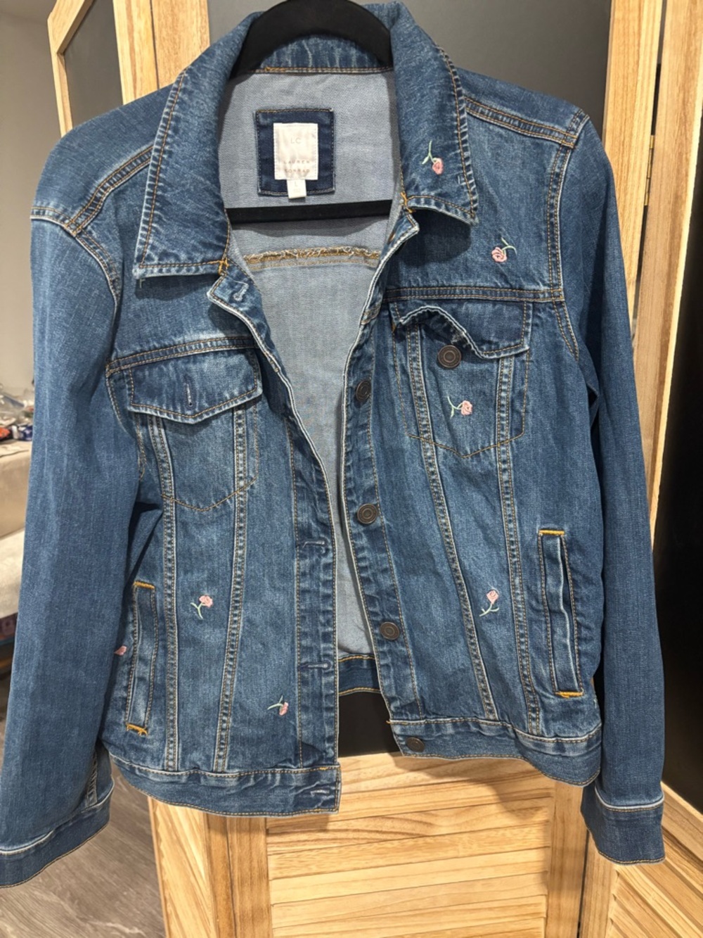 LC Lauren Conrad Blue Denim Jacket with Pink Floral Embroidery